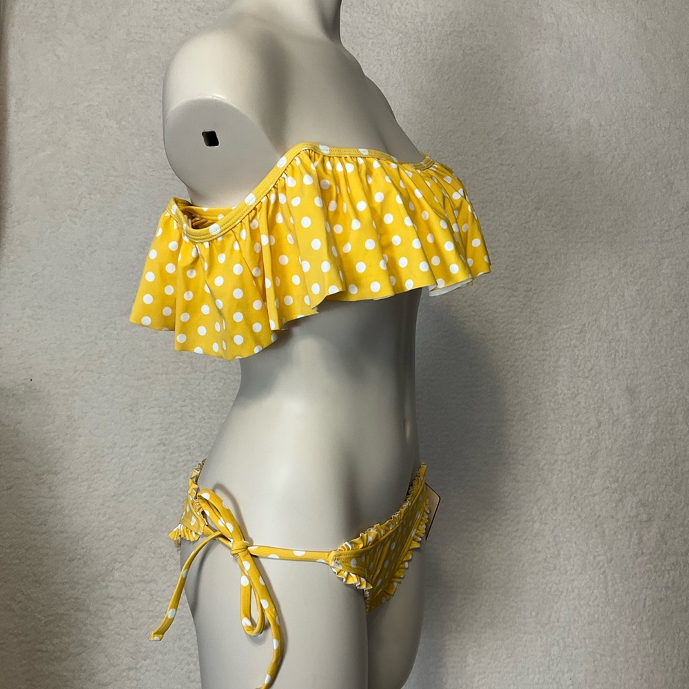 CABANA DEL SOL sz Small Bikini Set Ruffles Off Shoulder Polka Dot Yellow White